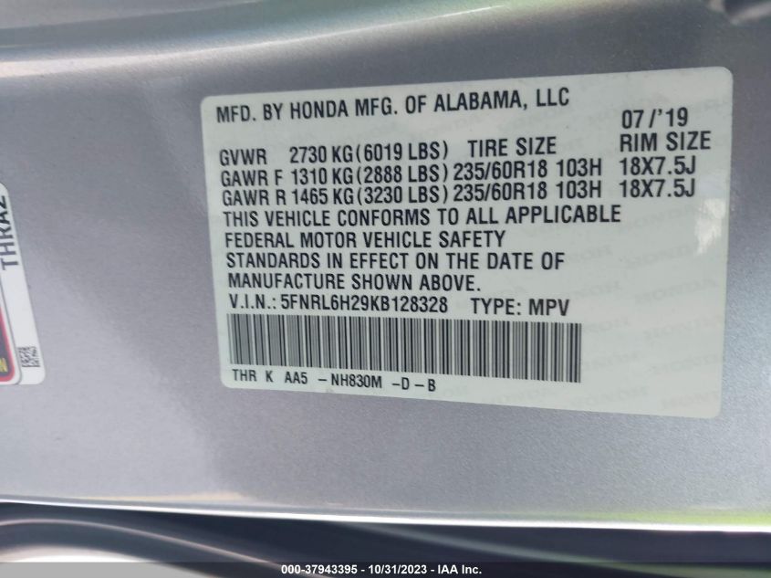 5FNRL6H29KB128328 2019 HONDA ODYSSEY, photo no. 9