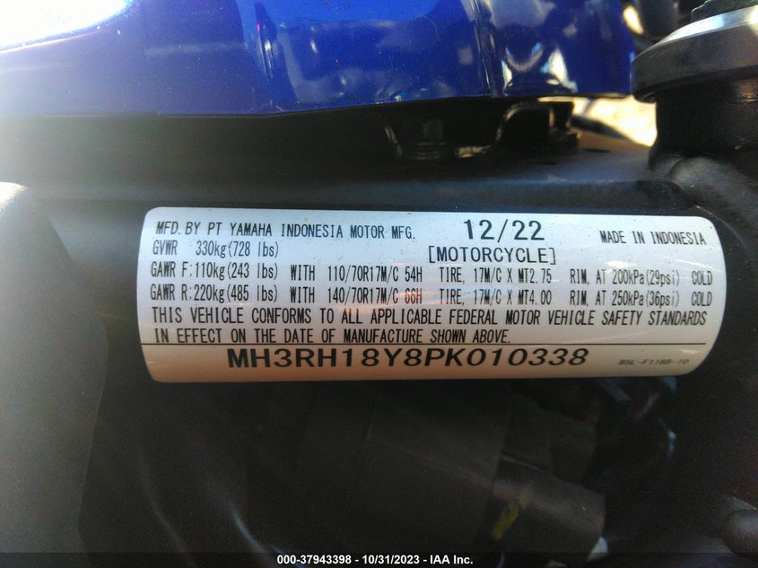 VIN MH3RH18Y8PK010338 2023 YAMAHA YZFR3 A