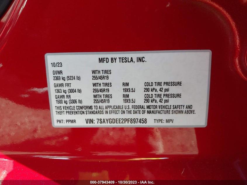 VIN 7SAYGDEE2PF897458 2023 TESLA MODEL Y