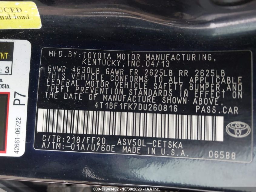 2013 TOYOTA CAMRY L/SE/LE/XLE - 4T1BF1FK7DU260816