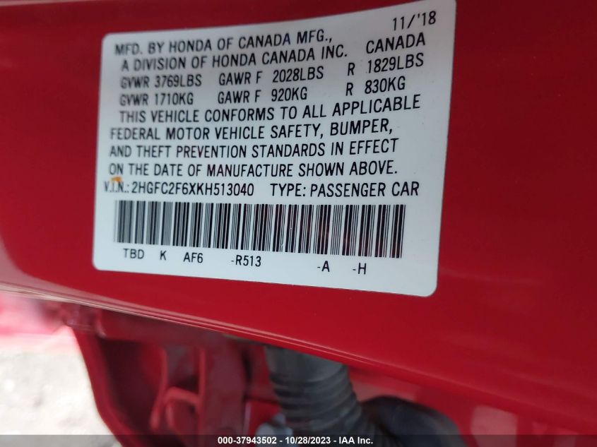 2019 HONDA CIVIC LX - 2HGFC2F6XKH513040