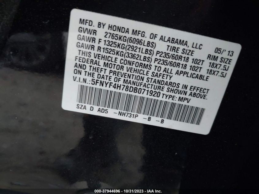 2013 HONDA PILOT EXLN - 5FNYF4H78DB071920