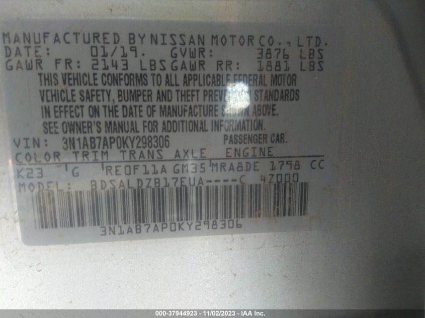 2019 NISSAN SENTRA S/SV/SR/SL - 3N1AB7AP0KY298306