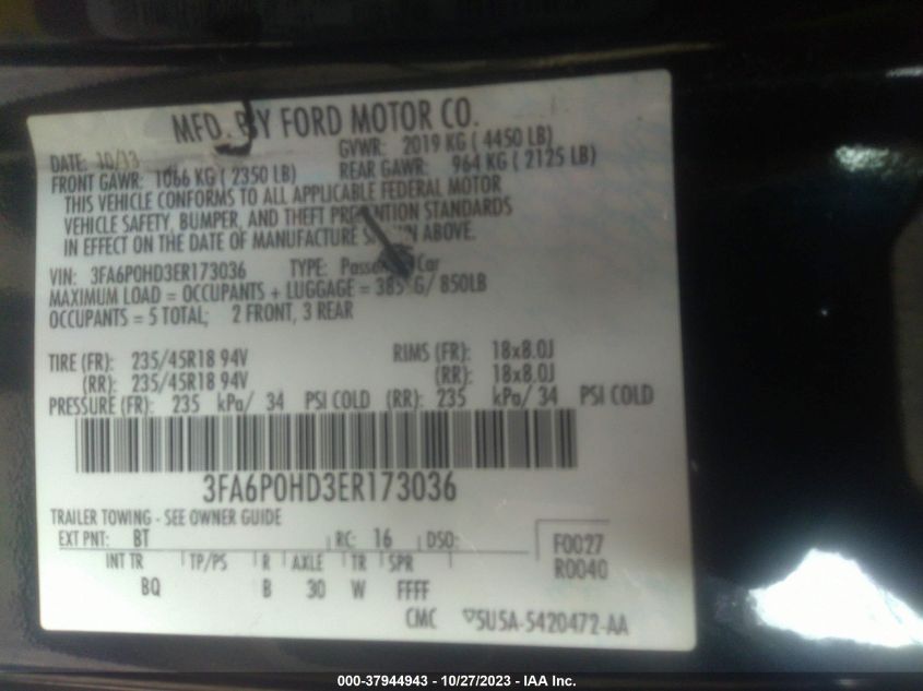 2014 FORD FUSION SE - 3FA6P0HD3ER173036