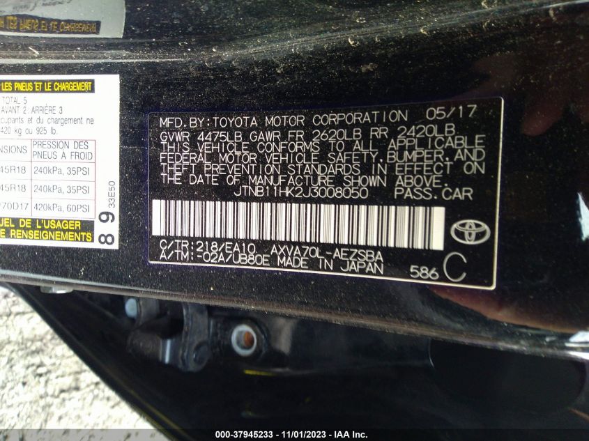 2018 TOYOTA CAMRY LE/SE/XLE/L - JTNB11HK2J3008050