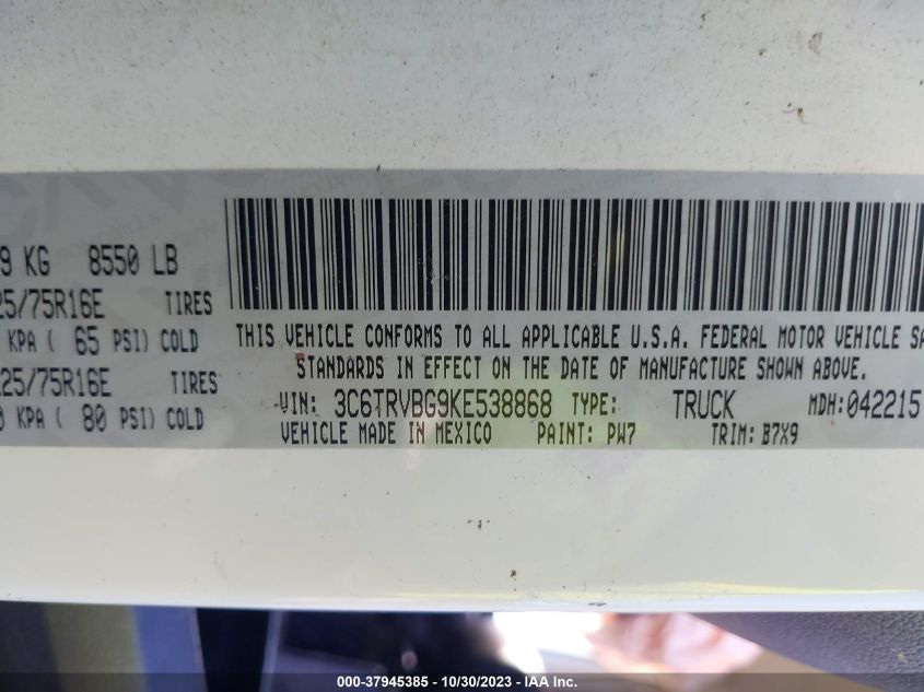 2019 RAM PROMASTER 1500 136" WB 3C6TRVBG9KE538868