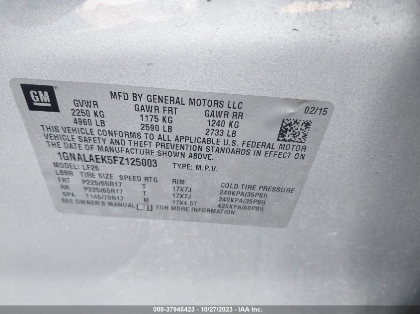 2015 CHEVROLET EQUINOX LS - 1GNALAEK5FZ125003