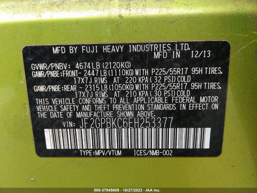 2014 SUBARU XV CROSSTREK HYBRID 2.0I HYBRID TOURING - JF2GPBKC6EH253377