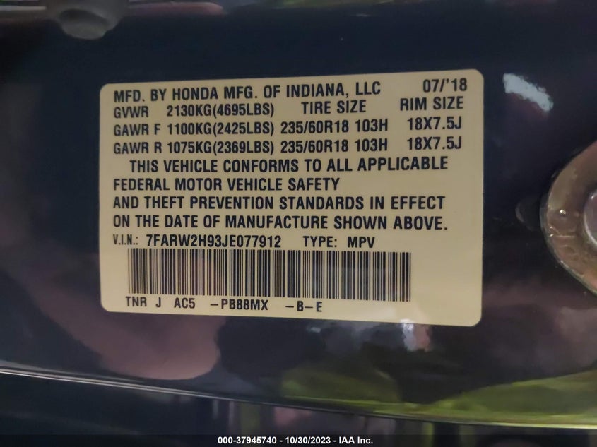 VIN 7FARW2H93JE077912 2018 HONDA CR-V TOURING