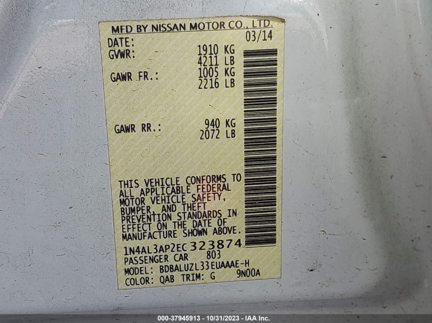 2014 NISSAN ALTIMA 2.5/S/SV/SL - 1N4AL3AP2EC323874