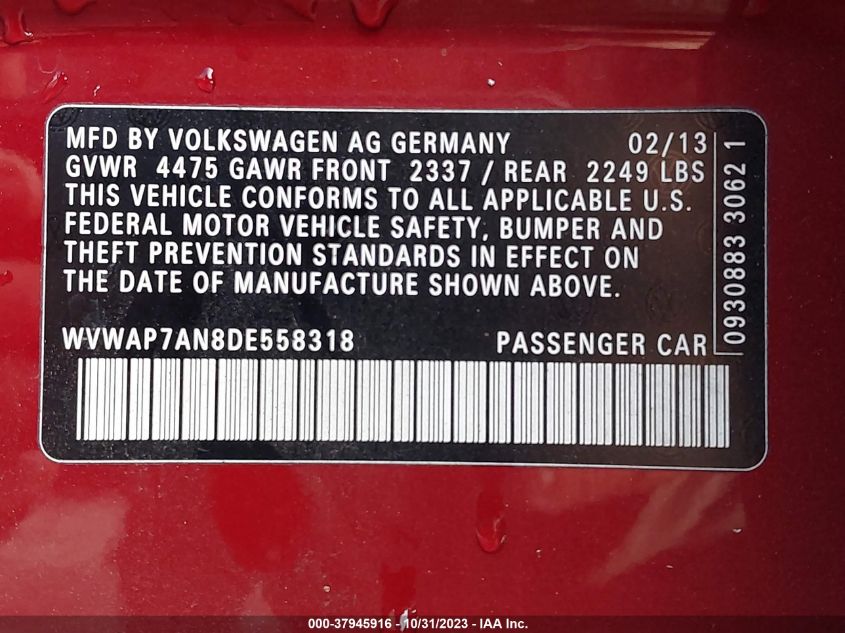 2013 VOLKSWAGEN CC SPORT - WVWAP7AN8DE558318