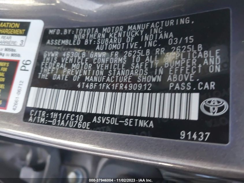 2015 TOYOTA CAMRY XLE/SE/LE/XSE - 4T4BF1FK1FR490912