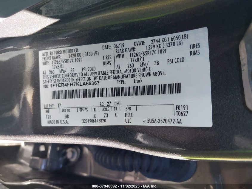 2019 FORD RANGER XL/XLT/LARIAT - 1FTER4FH7KLA66367
