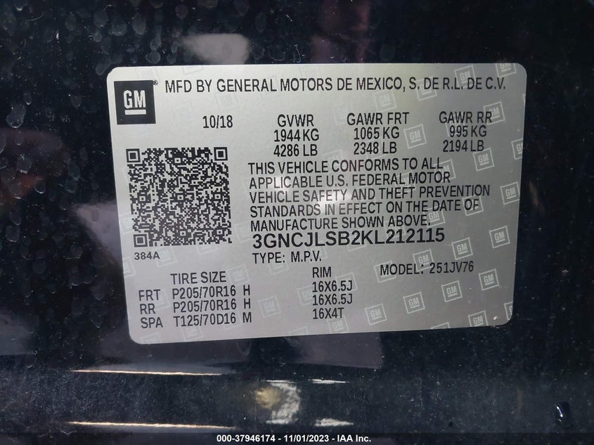 VIN 3GNCJLSB2KL212115 2019 CHEVROLET TRAX 1LT
