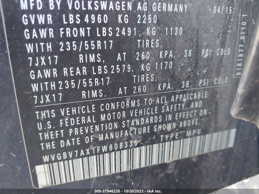 2015 VOLKSWAGEN TIGUAN SE - WVGBV7AX1FW608335