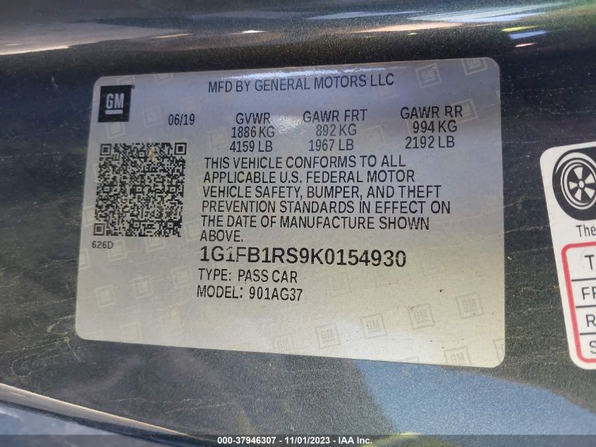 2019 CHEVROLET CAMARO LS/LT - 1G1FB1RS9K0154930
