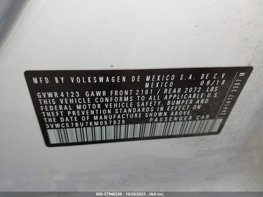 VIN 3VWC57BU7KM057929 2019 VOLKSWAGEN JETTA S/SE/R-LINE