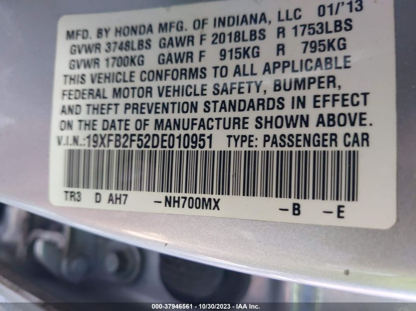 2013 HONDA CIVIC LX - 19XFB2F52DE010951