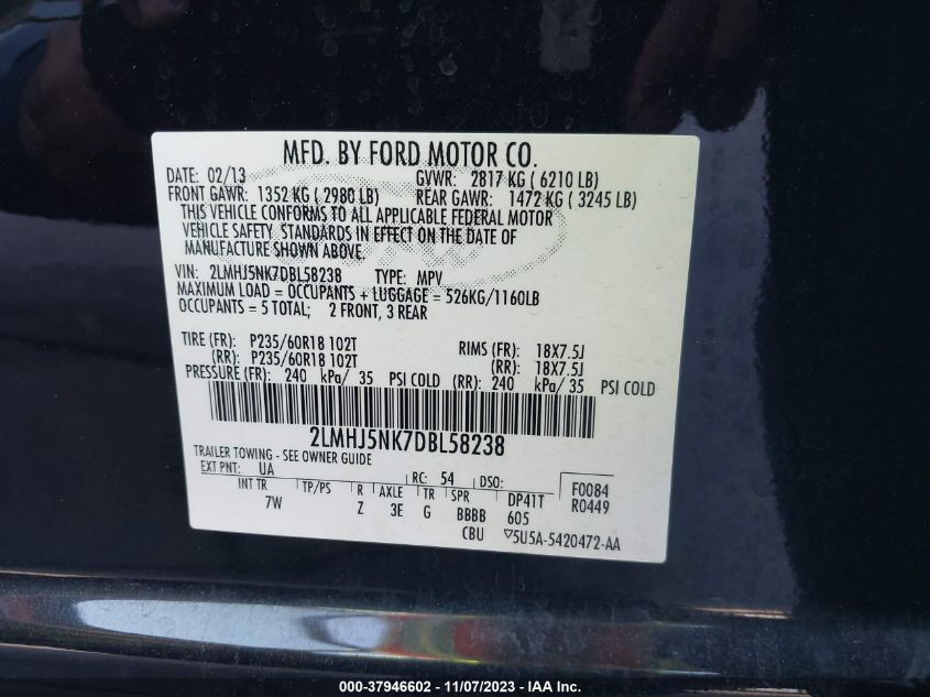 2013 LINCOLN MKT - 2LMHJ5NK7DBL58238