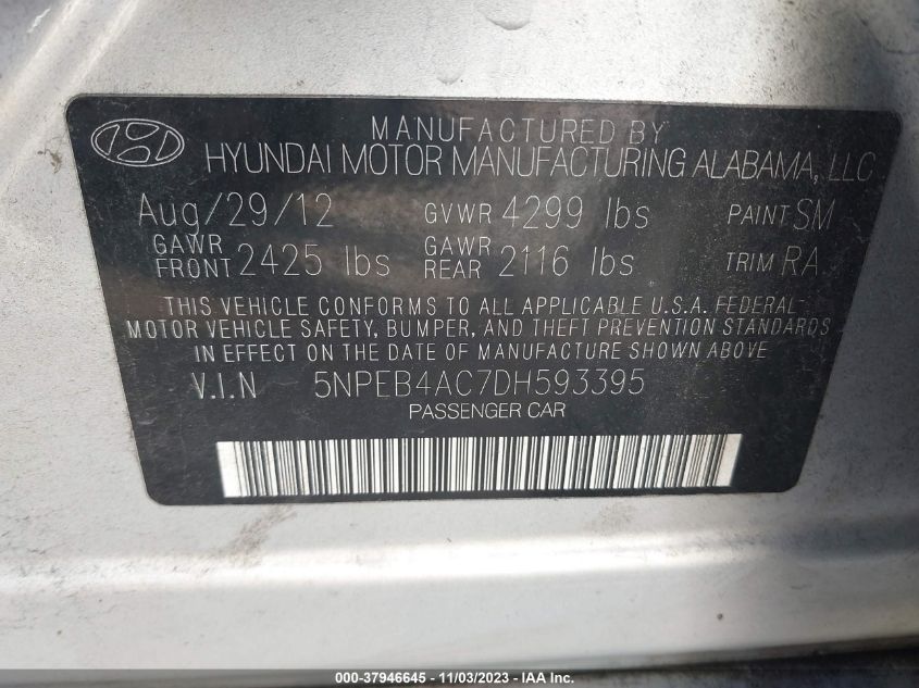 2013 HYUNDAI SONATA GLS - 5NPEB4AC7DH593395