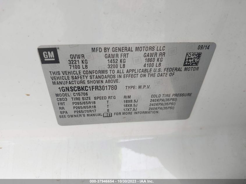 2015 CHEVROLET TAHOE LT - 1GNSCBKC1FR301780