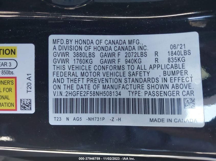 2022 HONDA CIVIC SPORT - 2HGFE2F58NH508134