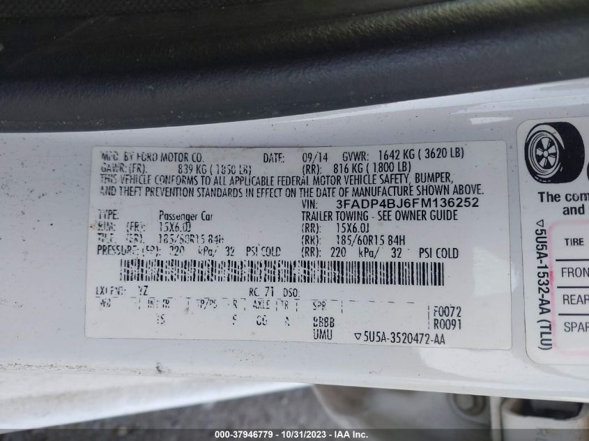 2015 FORD FIESTA SE - 3FADP4BJ6FM136252