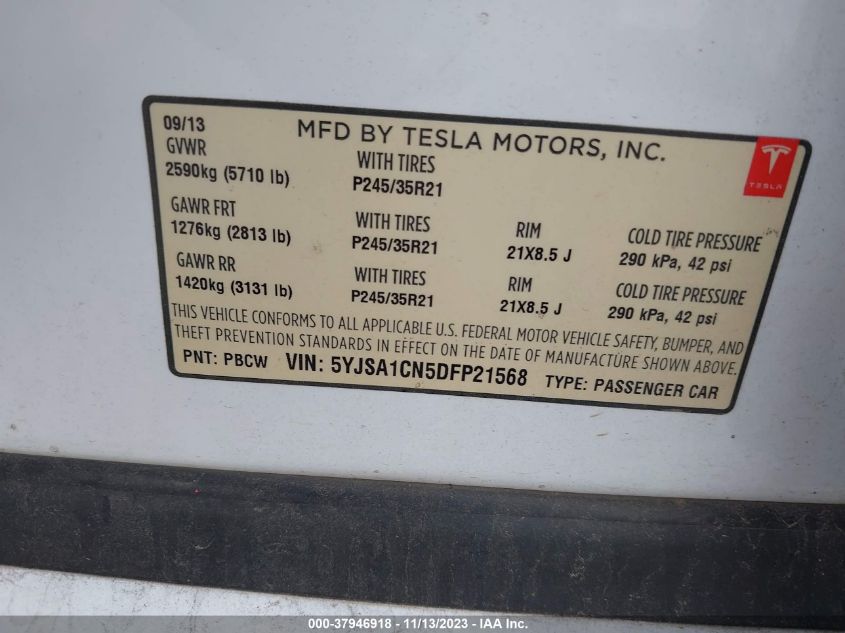 2013 TESLA MODEL S - 5YJSA1CN5DFP21568