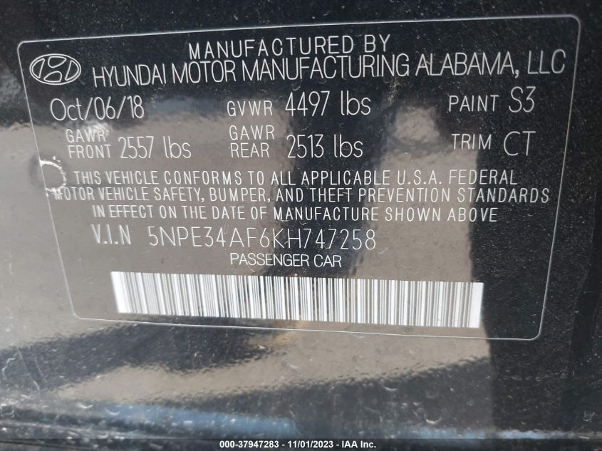 2019 HYUNDAI SONATA LIMITED/SEL/SPORT - 5NPE34AF6KH747258