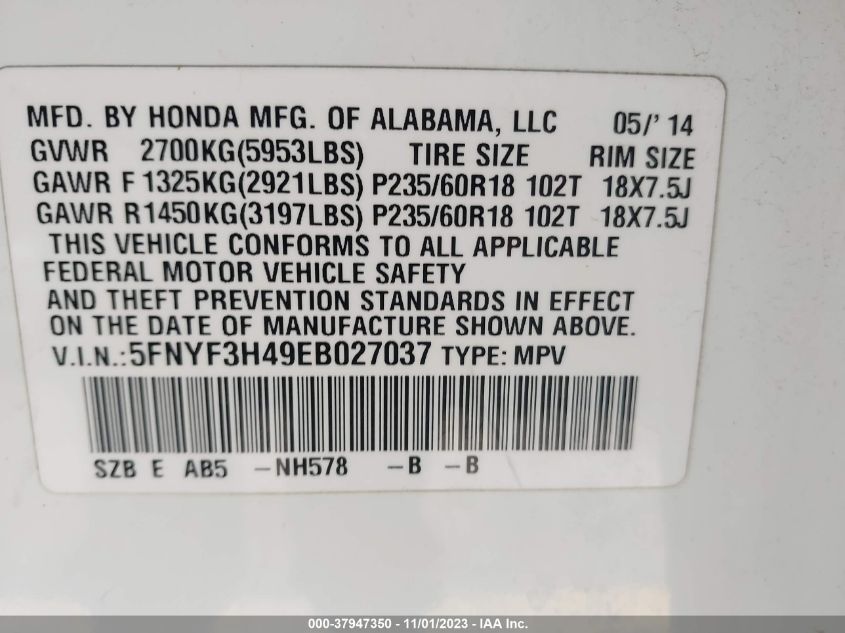 VIN 5FNYF3H49EB027037 2014 HONDA PILOT no.9