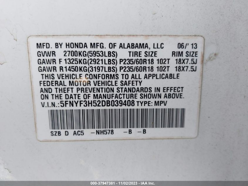 2013 HONDA PILOT EXL - 5FNYF3H52DB039408