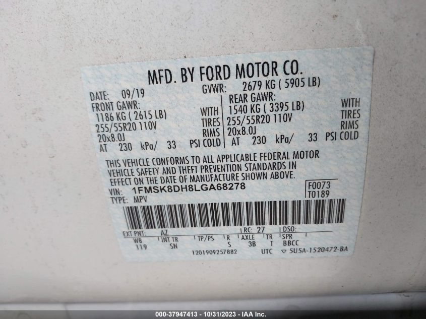 2020 FORD EXPLORER XLT - 1FMSK8DH8LGA68278