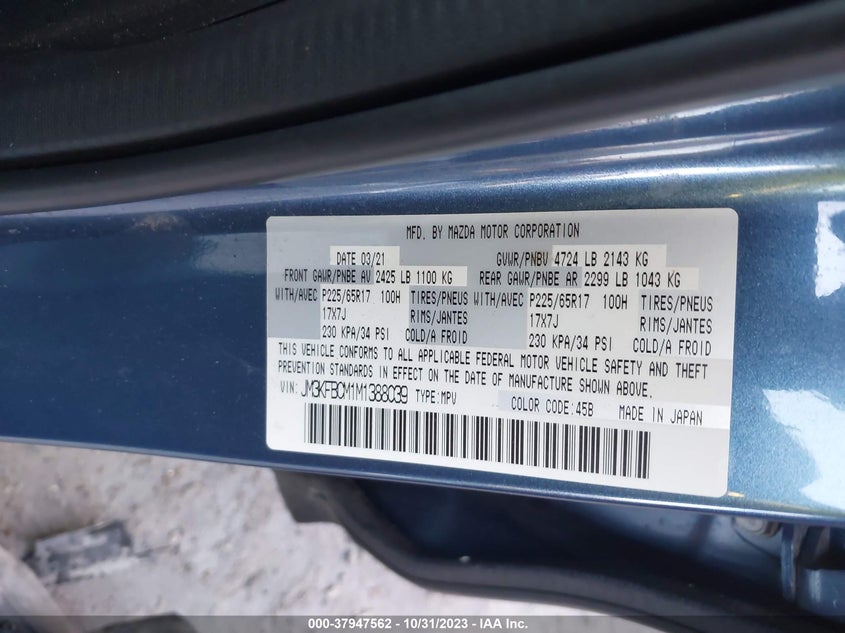 VIN JM3KFBCM1M1388039 2021 MAZDA CX-5 TOURING