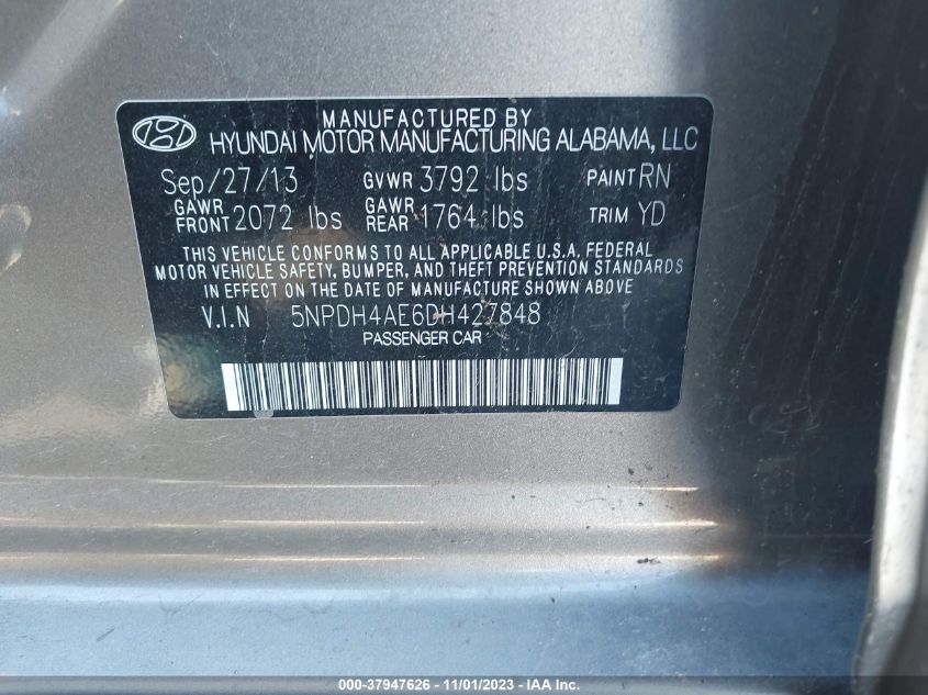 2013 HYUNDAI ELANTRA GLS - 5NPDH4AE6DH427848
