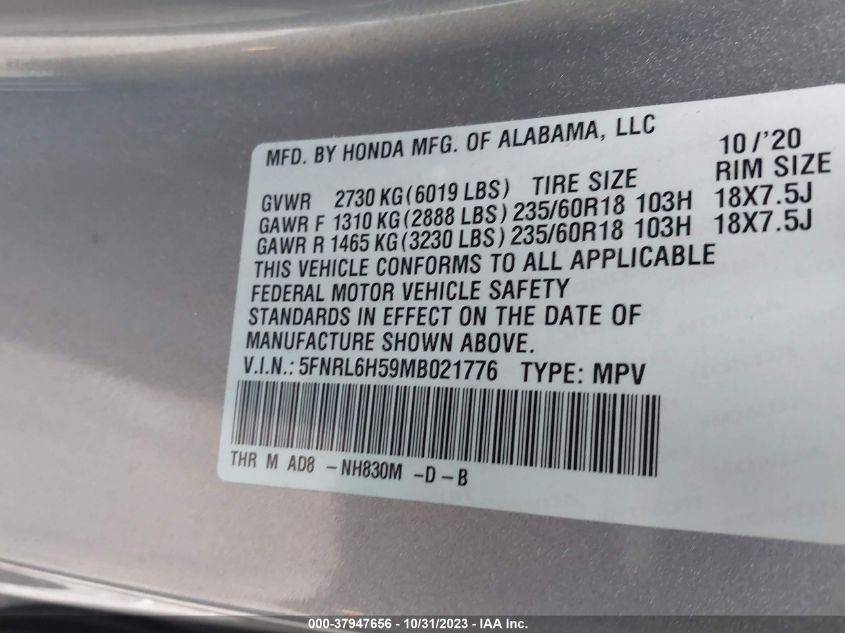 2021 HONDA ODYSSEY EX - 5FNRL6H59MB021776