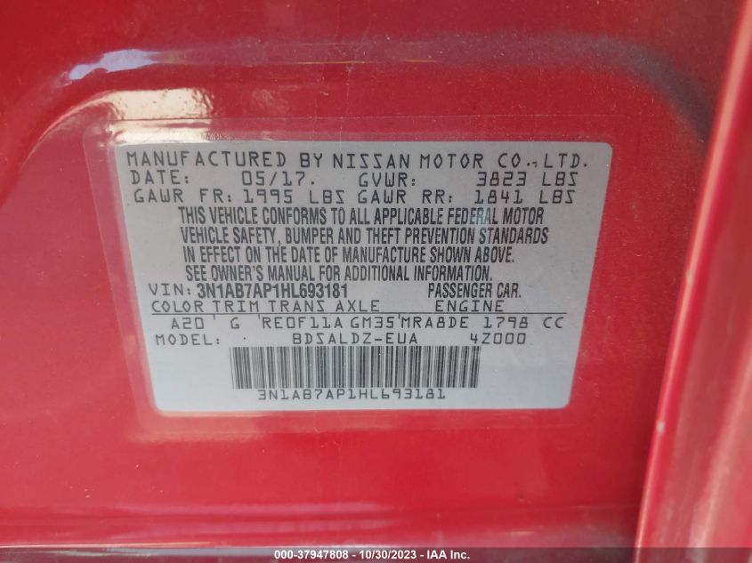 2017 NISSAN SENTRA S/SV/SR/SL - 3N1AB7AP1HL693181