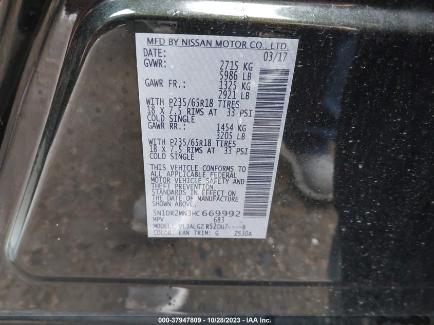 VIN 5N1DR2MN3HC669992 2017 NISSAN PATHFINDER SL