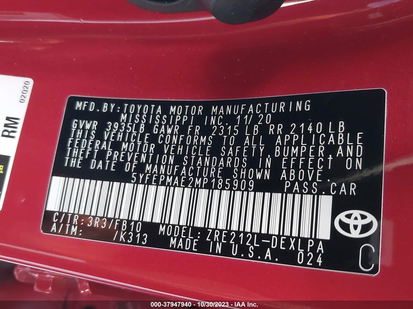 VIN 5YFEPMAE2MP185909 2021 TOYOTA COROLLA LE