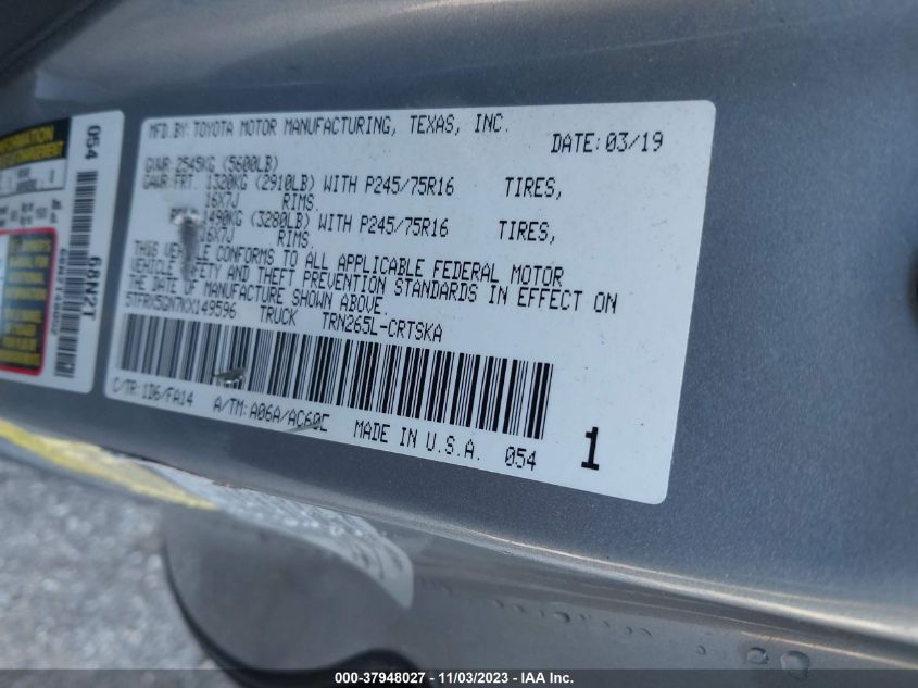 2019 TOYOTA TACOMA SR - 5TFRX5GN7KX149596