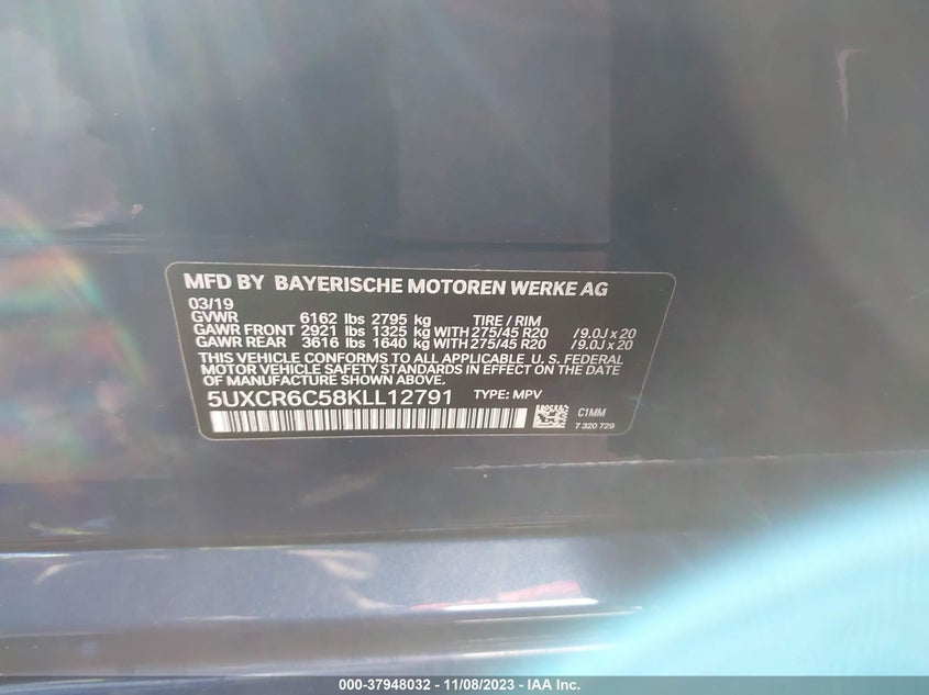 VIN 5UXCR6C58KLL12791 2019 BMW X5 XDRIVE40I