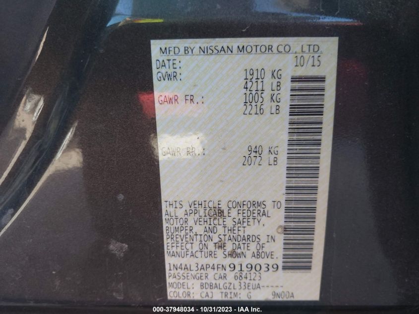 2015 NISSAN ALTIMA 2.5/S/SV/SL - 1N4AL3AP4FN919039