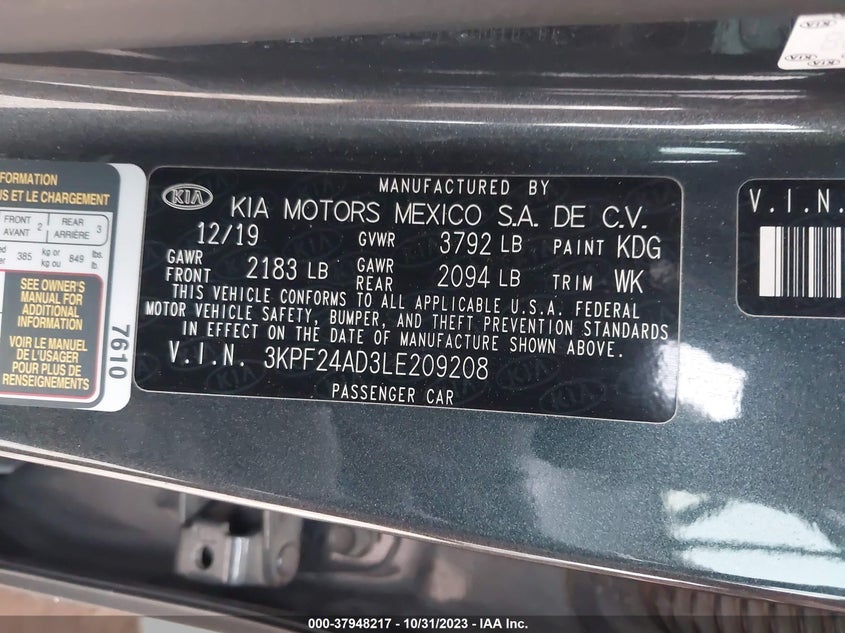 VIN 3KPF24AD3LE209208 2020 KIA FORTE FE/LXS