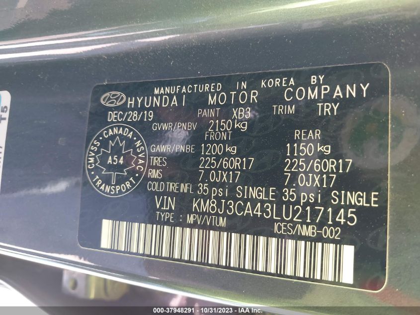 2020 HYUNDAI TUCSON LIMITED/SEL/SPORT/ULTIMAT - KM8J3CA43LU217145