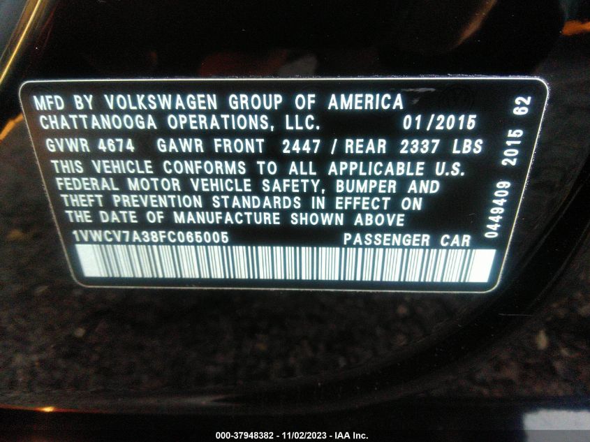 2015 VOLKSWAGEN PASSAT SEL - 1VWCV7A38FC065005