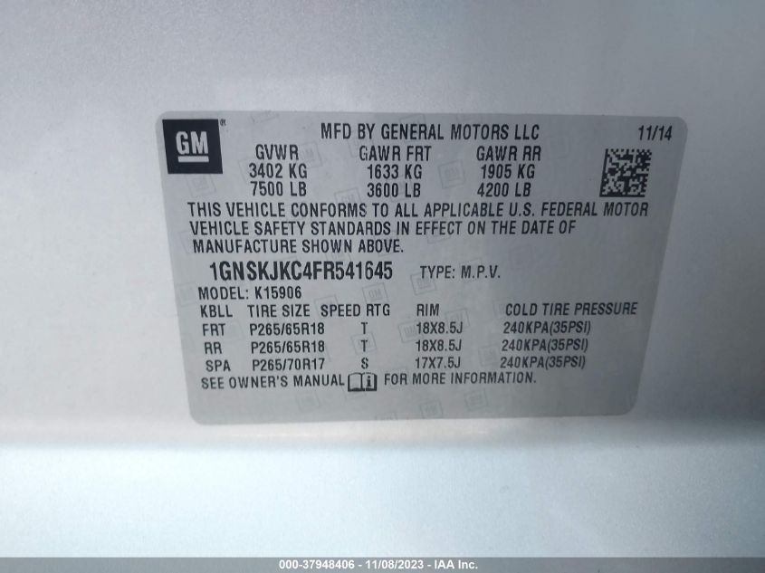 2015 CHEVROLET SUBURBAN 1500 LT 1GNSKJKC4FR541645