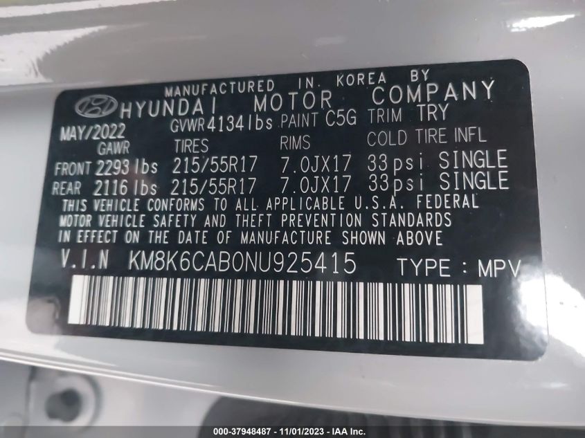 2022 HYUNDAI KONA SEL - KM8K6CAB0NU925415