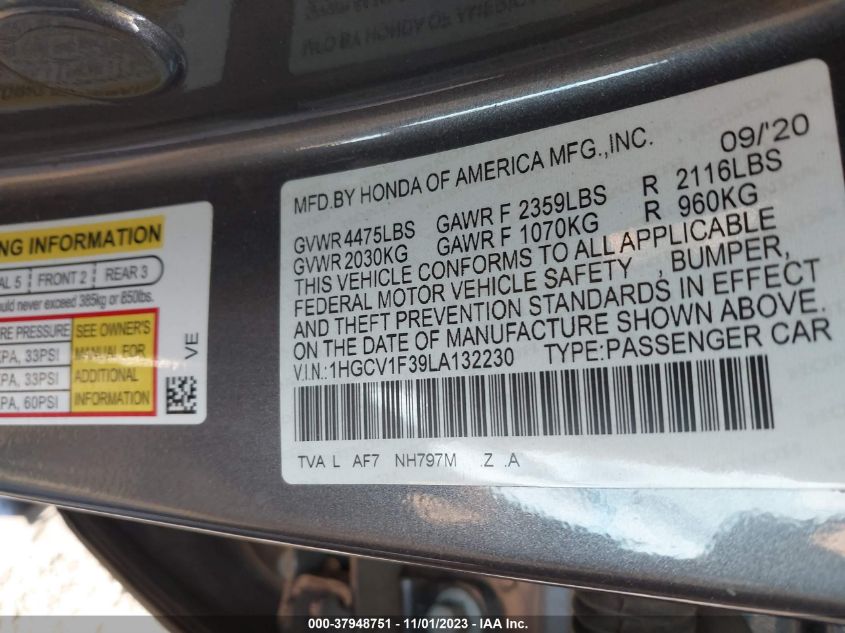 2020 HONDA ACCORD SPORT - 1HGCV1F39LA132230