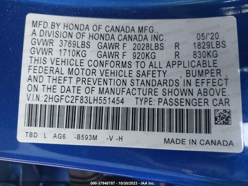 2020 HONDA CIVIC SPORT - 2HGFC2F83LH551454
