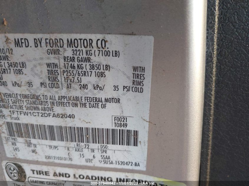 2013 FORD F-150 XLT - 1FTFW1CT2DFA62040