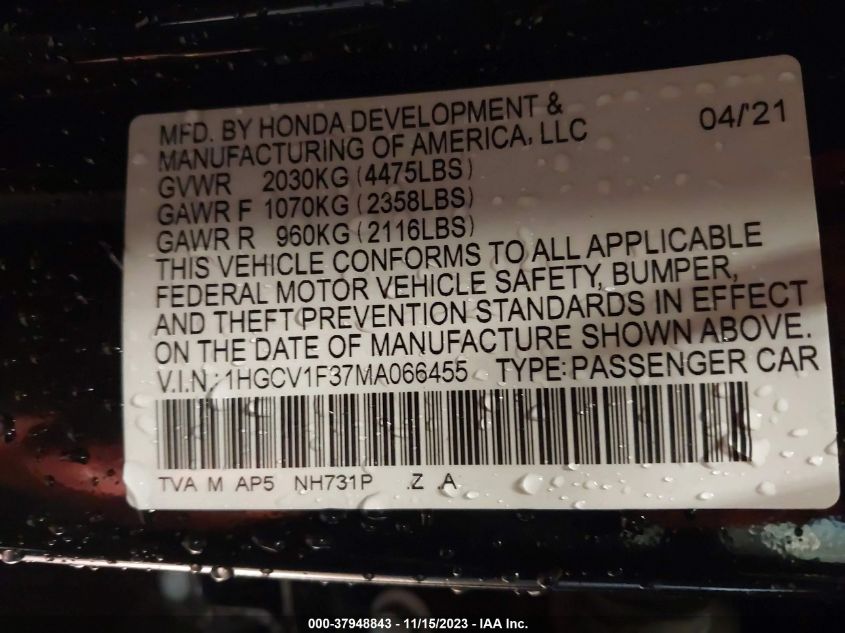 2021 HONDA ACCORD SPORT - 1HGCV1F37MA066455